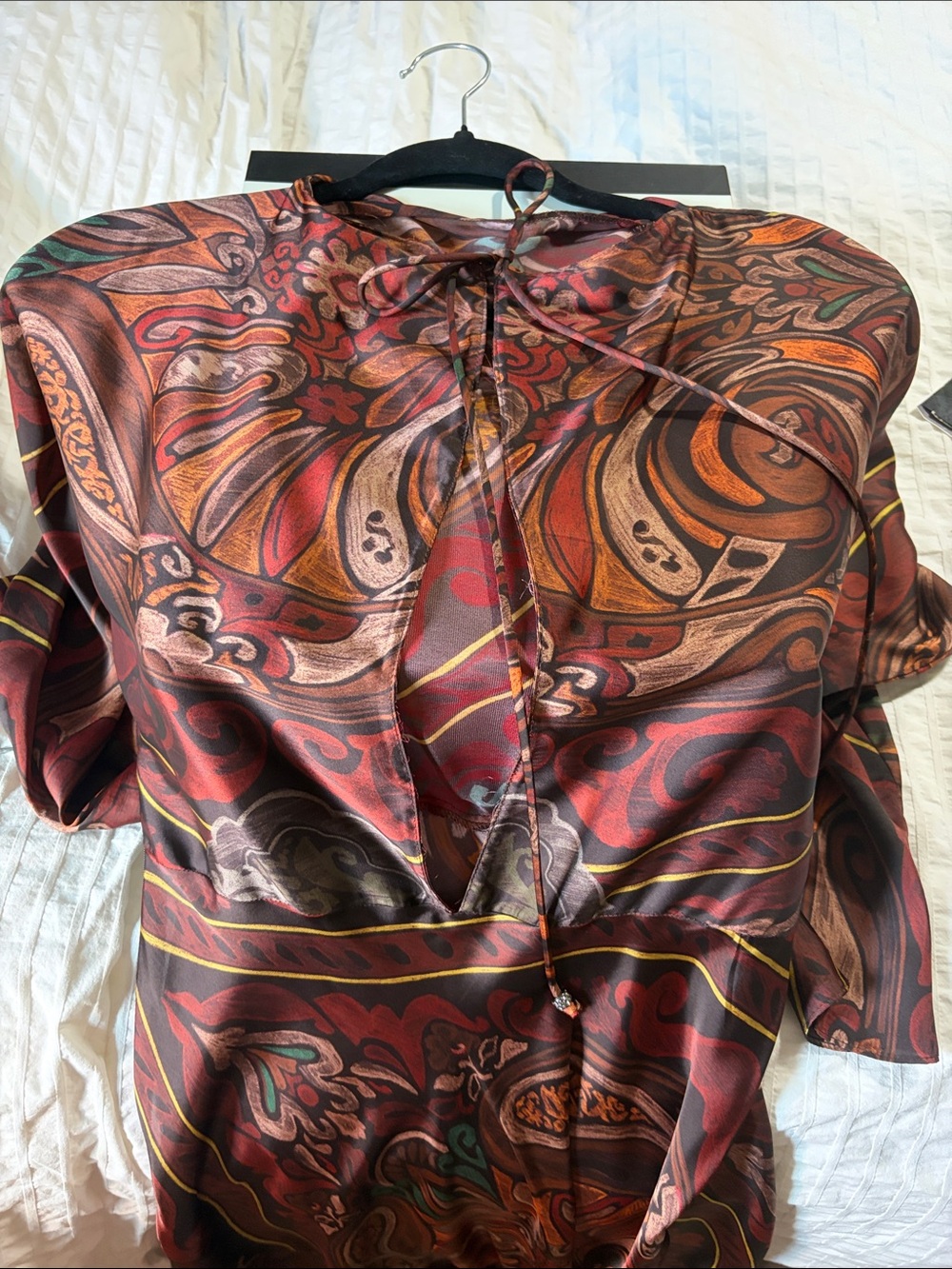 Zara Paisley Long-Sleeve Midi Dress in Brown and Rust Tones S